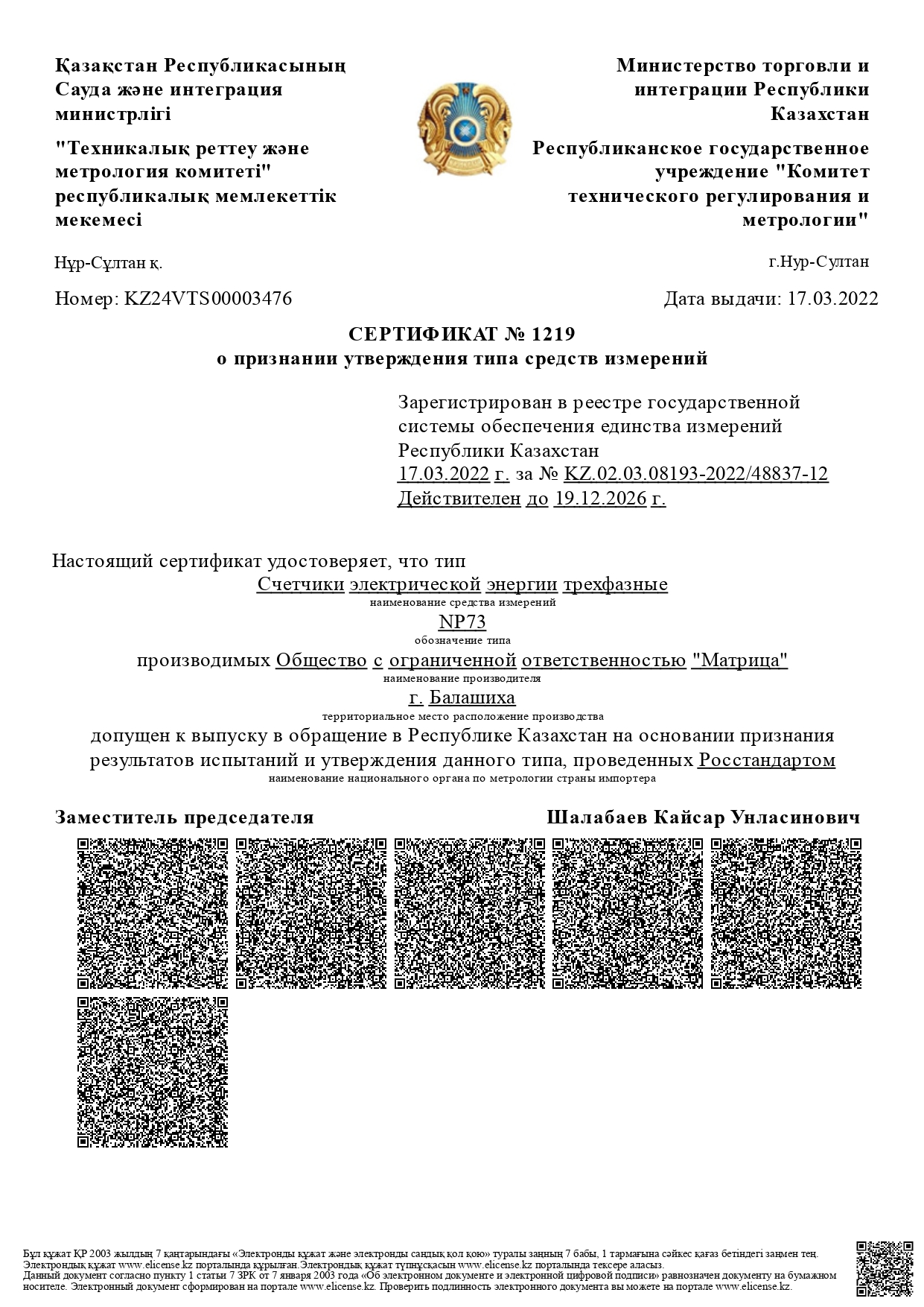 Сертификат о признании утверждения типа средств измерений №1219